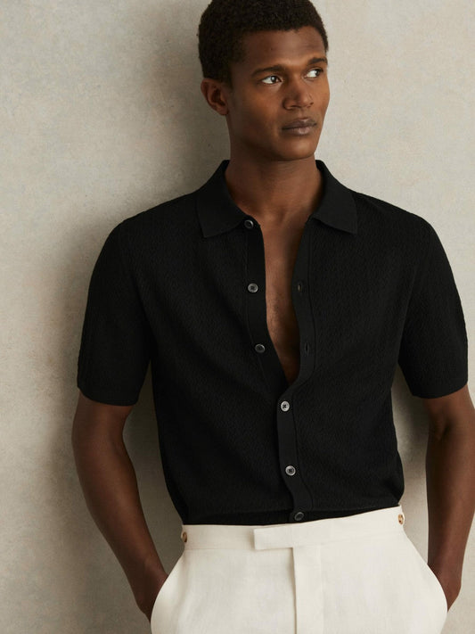 Textured Knit Button-Through Shirt Black | Men
