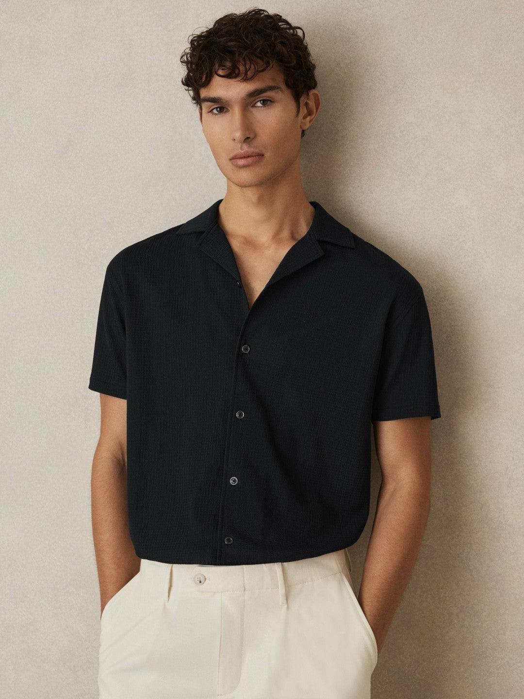 Textured Crepe Cuban Collar Shirt Navy | Men