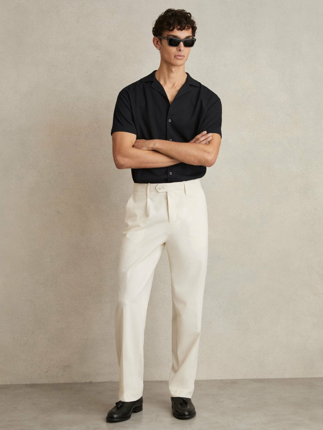Textured Crepe Cuban Collar Shirt Navy | Men