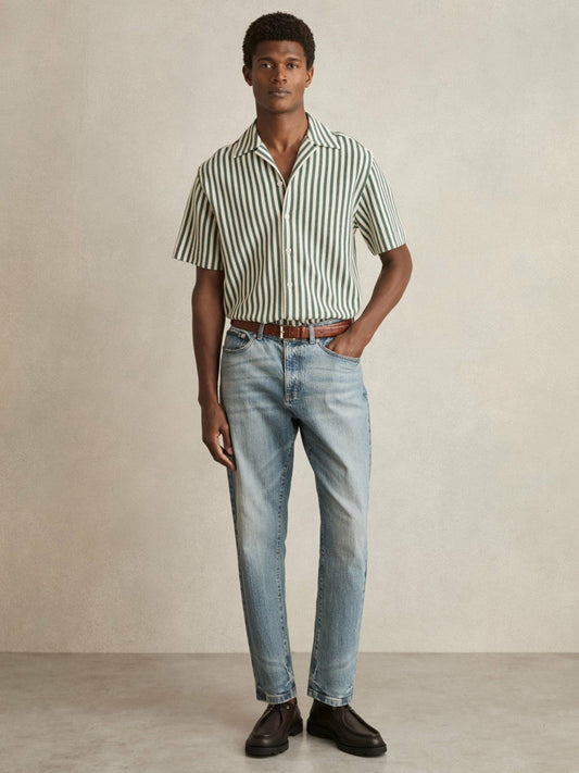 Textured Stripe Cuban-Collar Shirt Green/White | Men