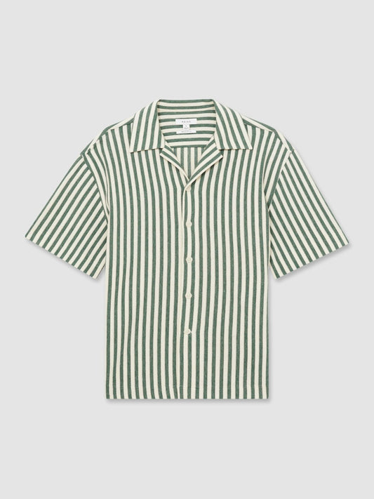 Textured Stripe Cuban-Collar Shirt Green/White | Men