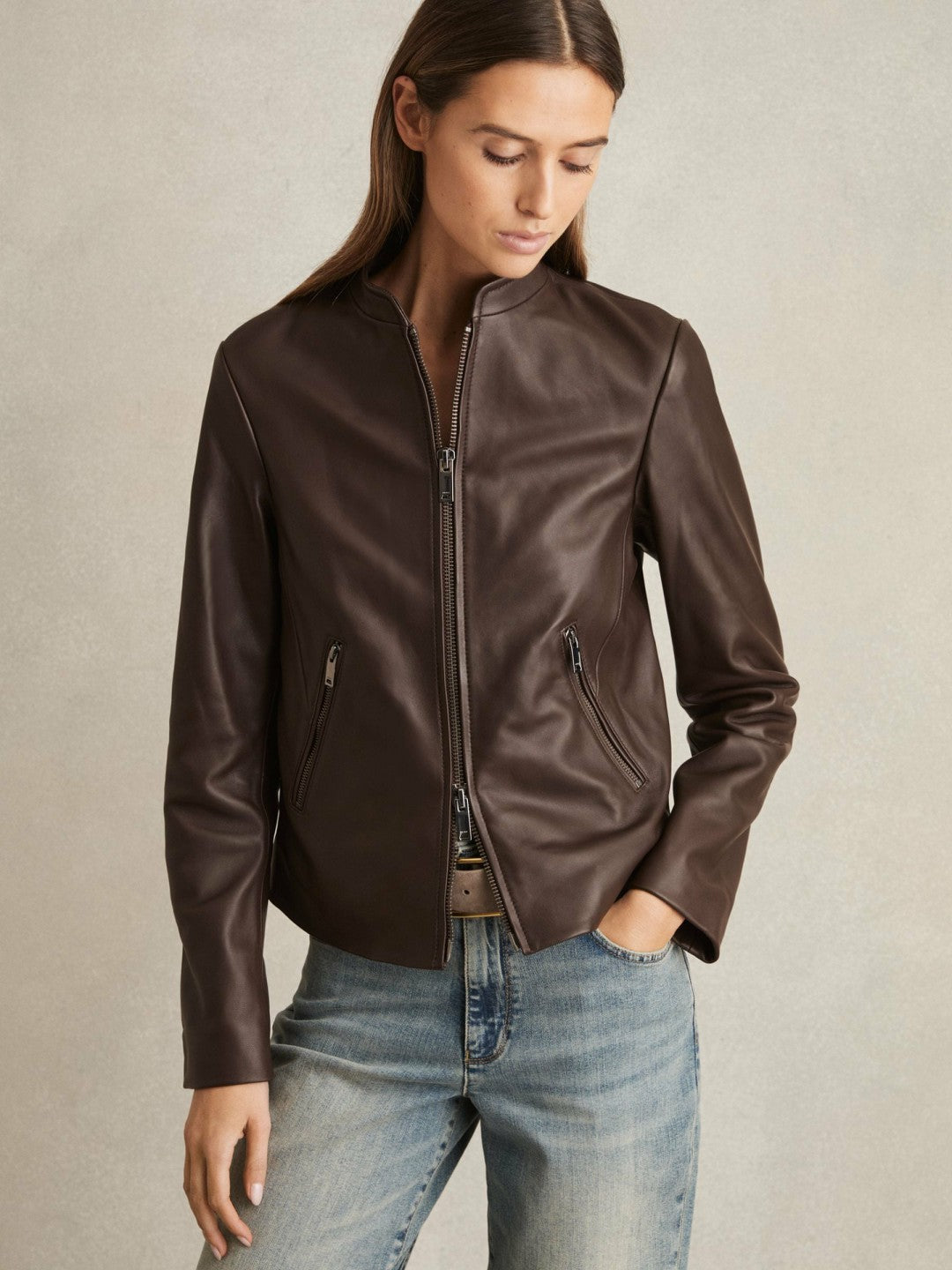 Leather Collarless Biker Jacket Chocolate Brown | Women