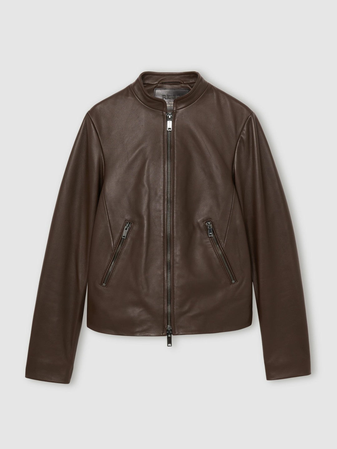 Leather Collarless Biker Jacket Chocolate Brown | Women