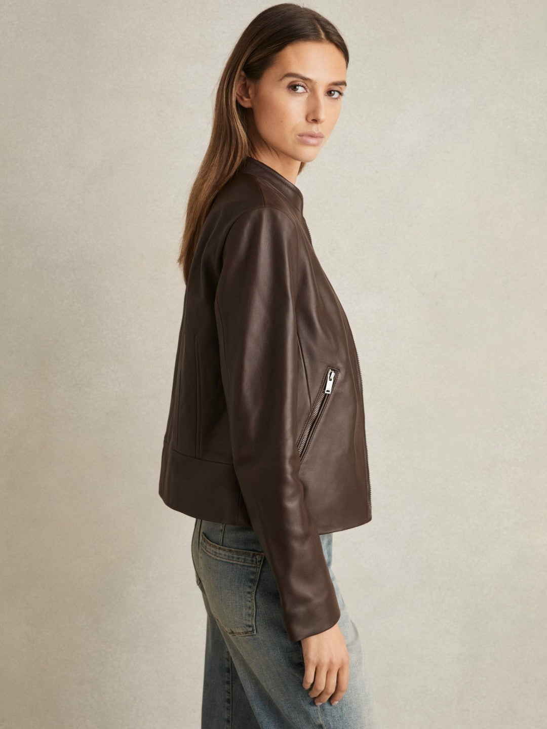 Leather Collarless Biker Jacket Chocolate Brown | Women