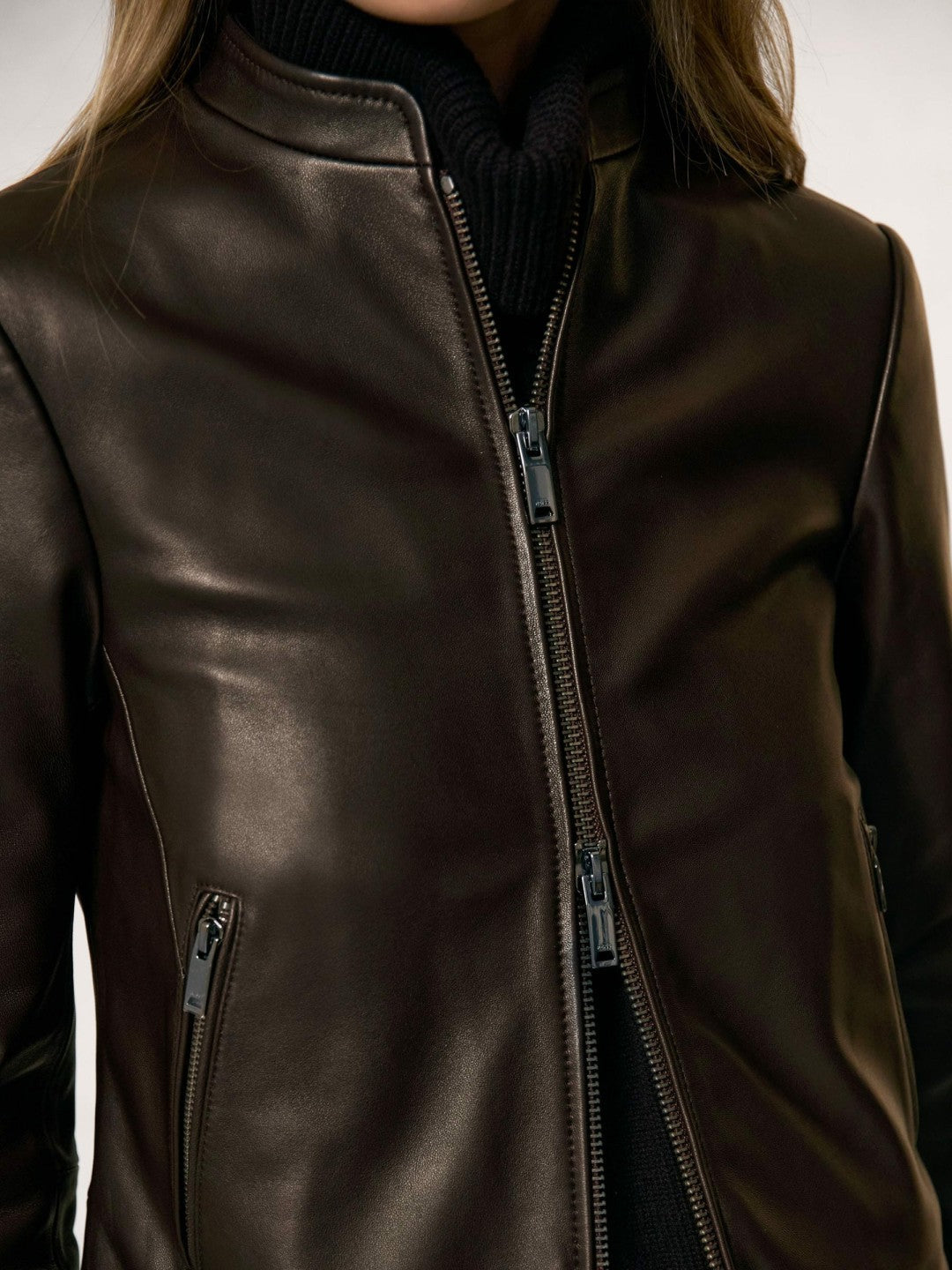 Leather Collarless Biker Jacket Chocolate Brown | Women
