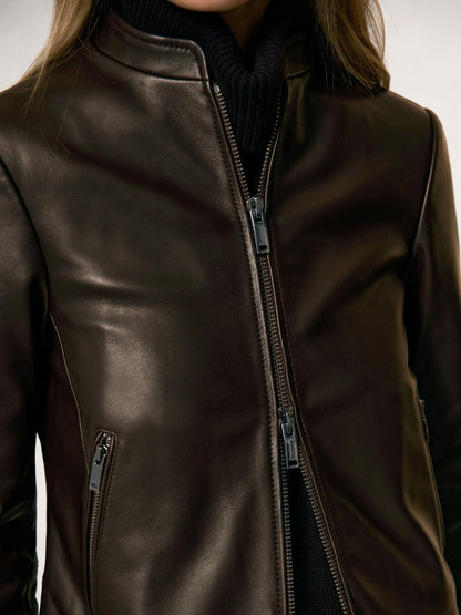 Leather Collarless Biker Jacket Chocolate Brown | Women
