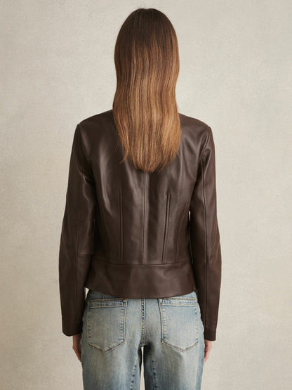 Leather Collarless Biker Jacket Chocolate Brown | Women