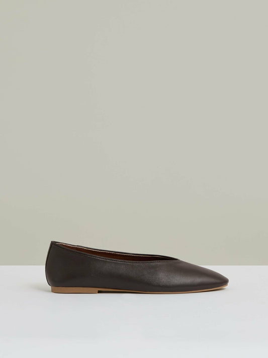 Leather Rounded-Point Toe Ballet Flats Chocolate | Women