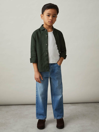 3-9 yrs Linen Cutaway Collar Shirt Dark Green | Children & Baby