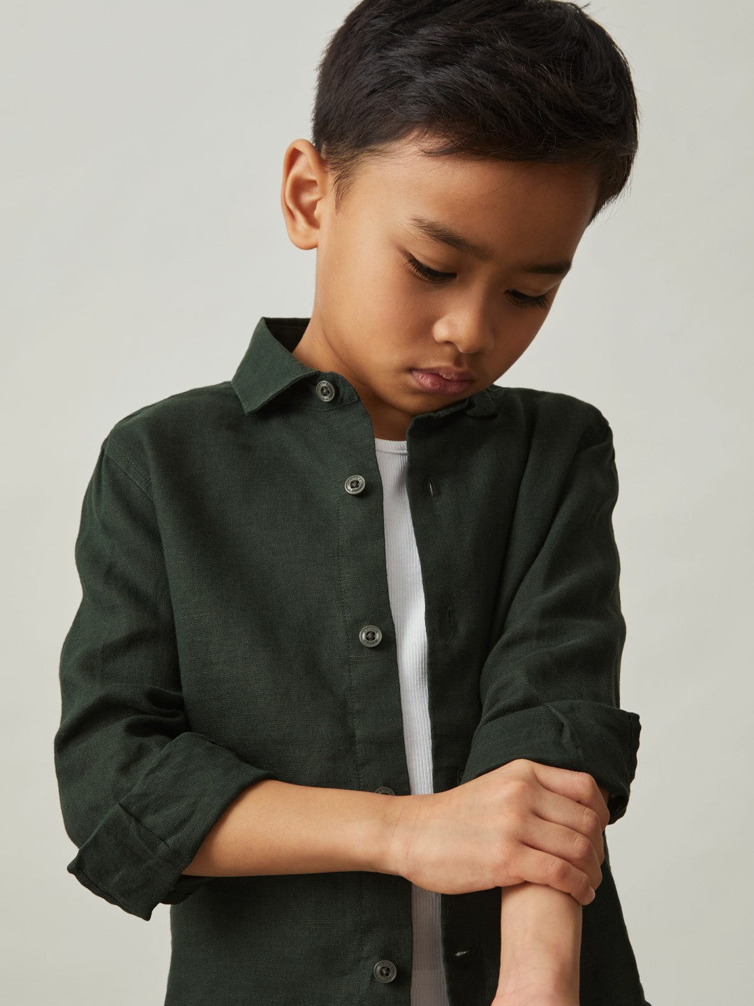 3-9 yrs Linen Cutaway Collar Shirt Dark Green | Children & Baby