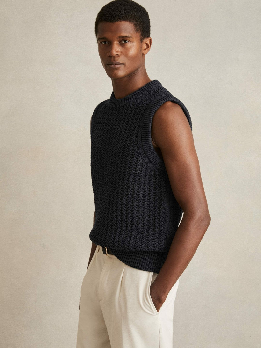 Cotton-Blend Crochet Vest Navy | Men