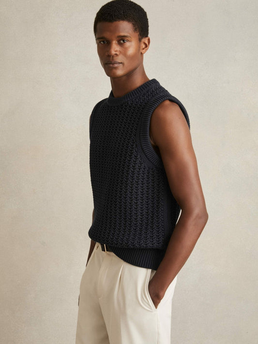 Cotton-Blend Crochet Vest Navy | Men