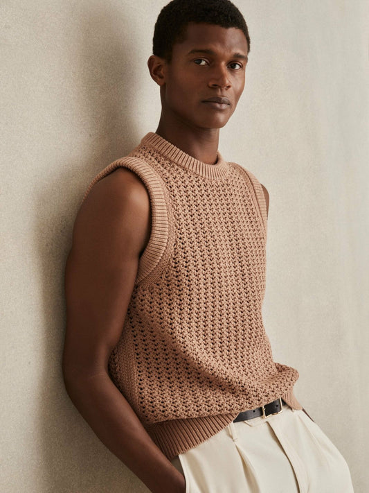 Cotton-Blend Crochet Vest Soft Camel | Men