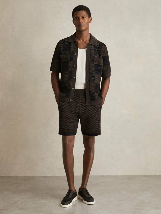 Cotton-Blend Crochet Shorts Chocolate/Navy | Men