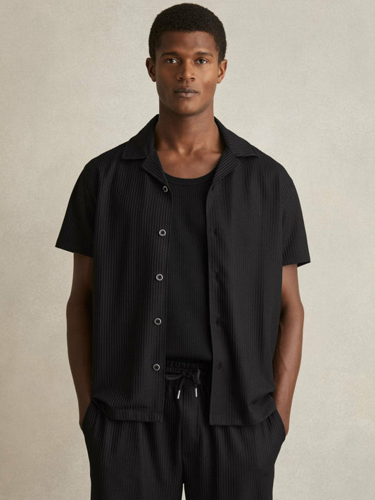 Textured-Knit Cuban-Collar Shirt Black | Men
