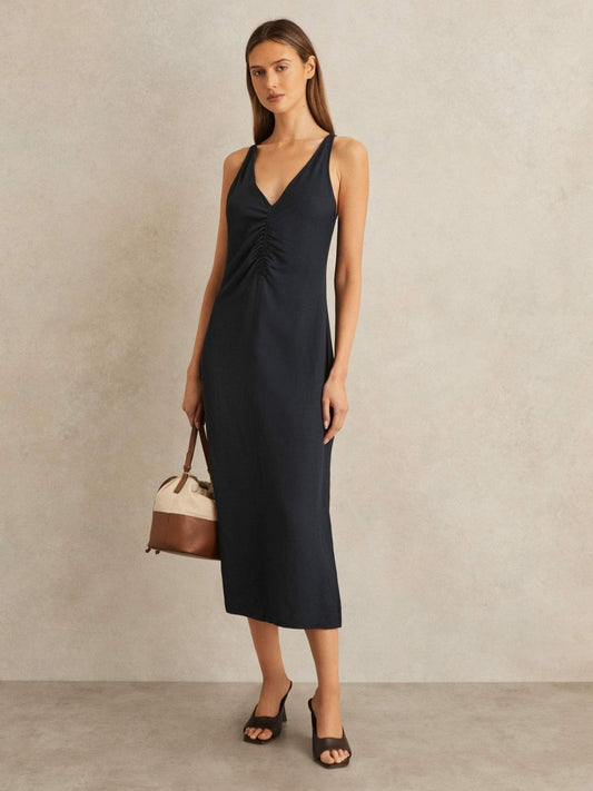 Ruched Sleeveless Midi Dress With Linen Navy | Women