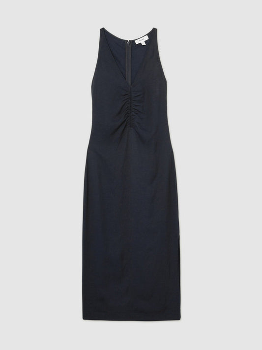 Ruched Sleeveless Midi Dress With Linen Navy | Women