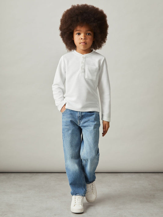 9-13 yrs Cotton-Blend Waffle Henley T-Shirt White | Children & Baby