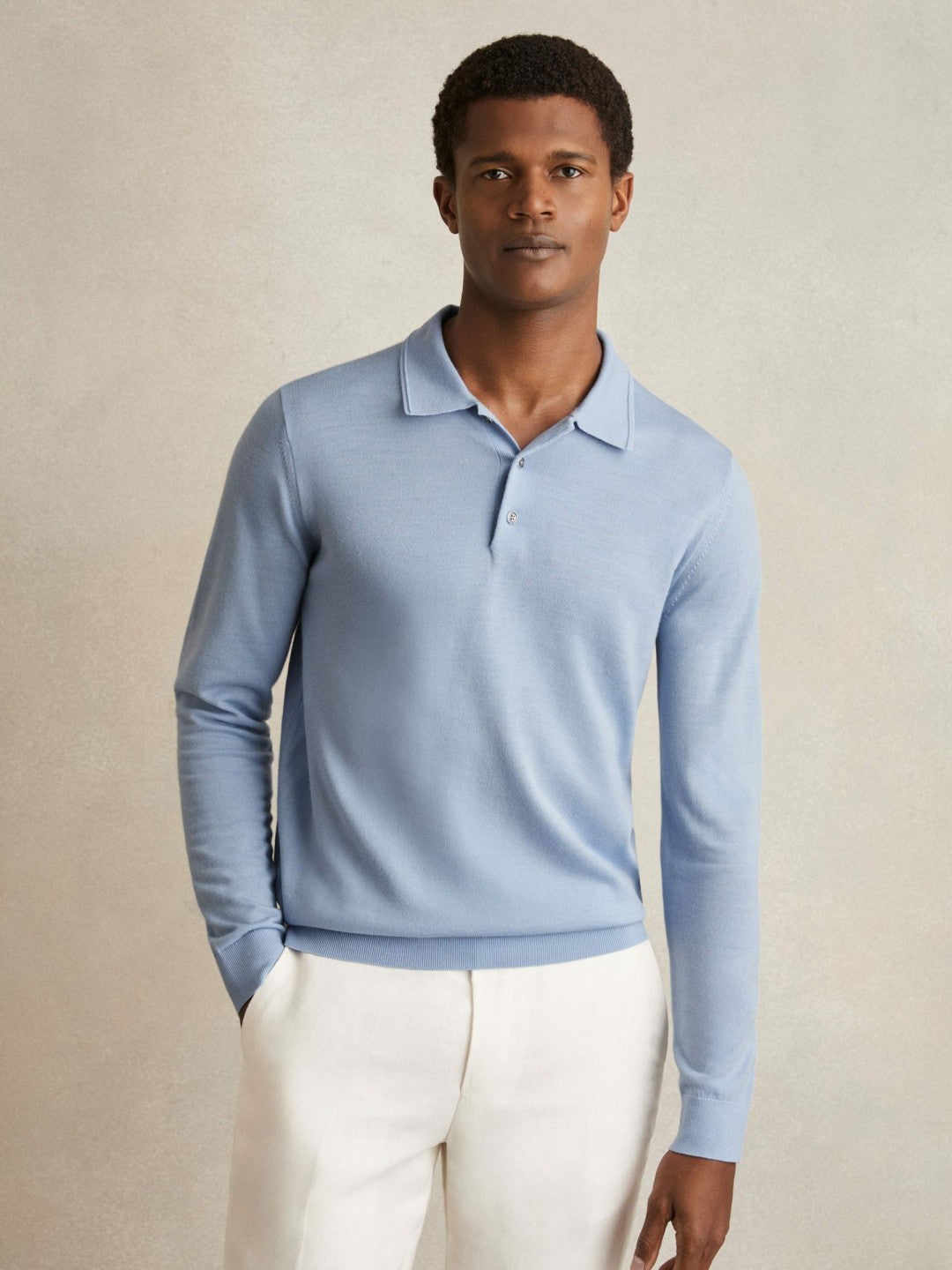 Merino Wool Long-Sleeve Polo Shirt Soft Blue | Men