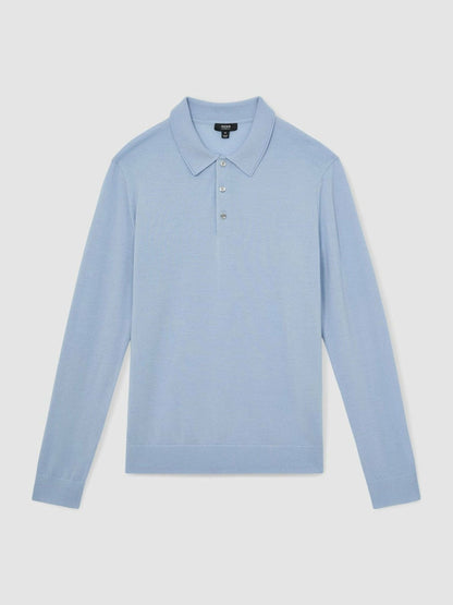 Merino Wool Long-Sleeve Polo Shirt Soft Blue | Men