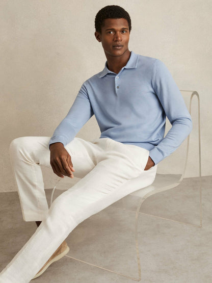 Merino Wool Long-Sleeve Polo Shirt Soft Blue | Men