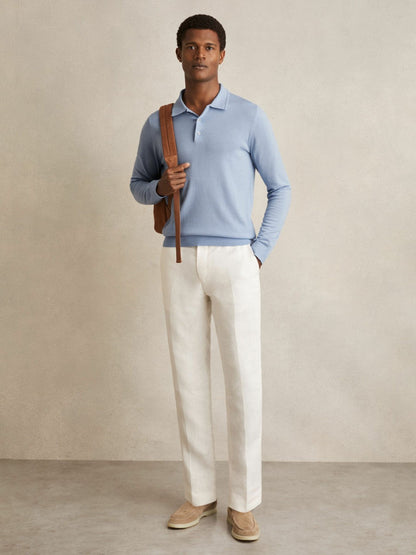 Merino Wool Long-Sleeve Polo Shirt Soft Blue | Men