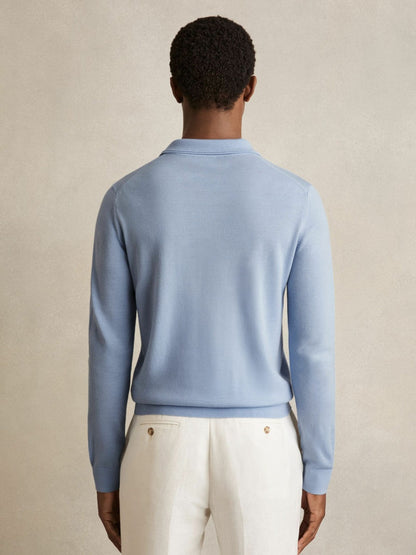 Merino Wool Long-Sleeve Polo Shirt Soft Blue | Men