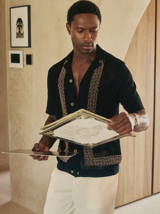 | Ché Beaded Crochet Shirt Black | Men