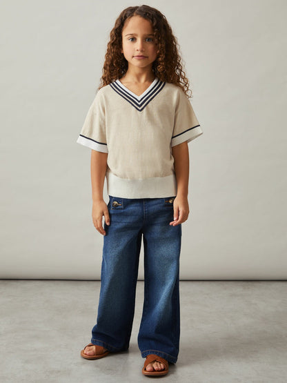 9-13 yrs Cotton-Linen Knit V-Neck Cricket Top Neutral | Children & Baby