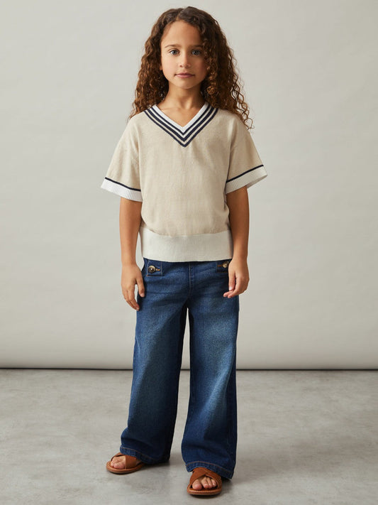 9-13 yrs Cotton-Linen Knit V-Neck Cricket Top Neutral | Children & Baby