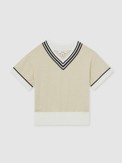 9-13 yrs Cotton-Linen Knit V-Neck Cricket Top Neutral | Children & Baby