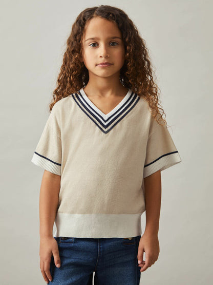 9-13 yrs Cotton-Linen Knit V-Neck Cricket Top Neutral | Children & Baby