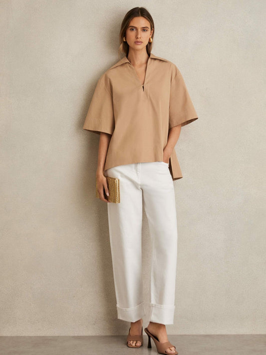Cotton Blend Craft Stitch Collared Top Camel | Women