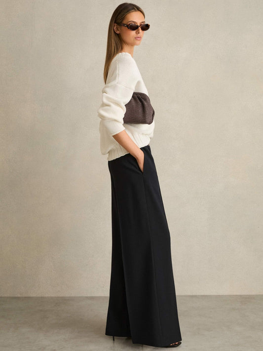 Petite Wide-Leg Elasticated-Waist Trousers Navy | Women