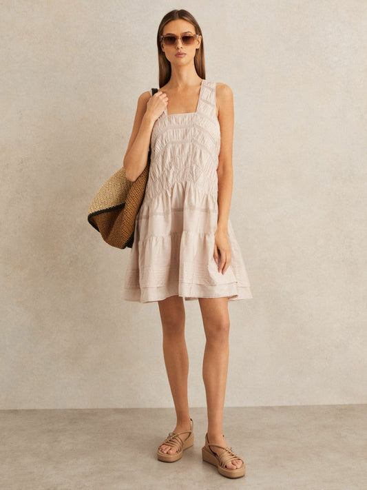 Shirred Ruffle Hem Mini Dress Neutral | Women