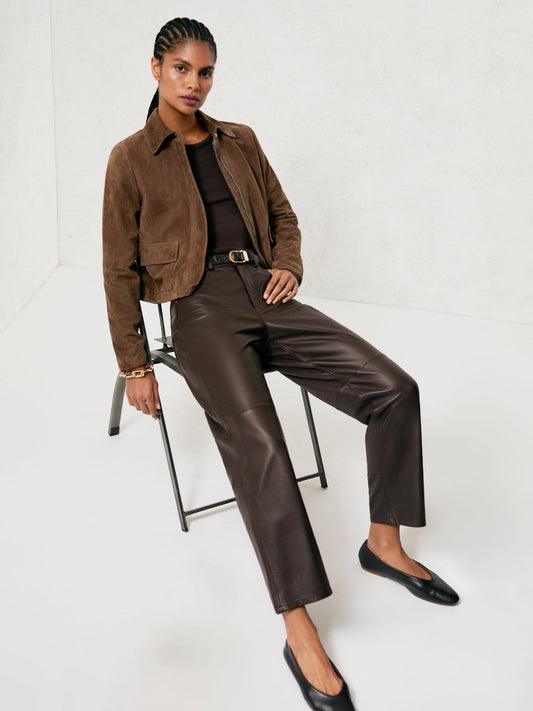 Petite Leather Slim-Leg Trousers Chocolate | Women