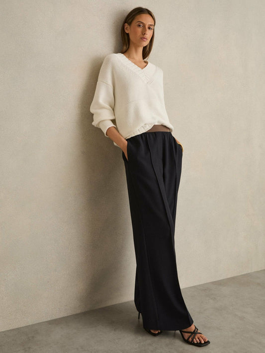 Wide-Leg Elasticated-Waist Trousers Navy | Women