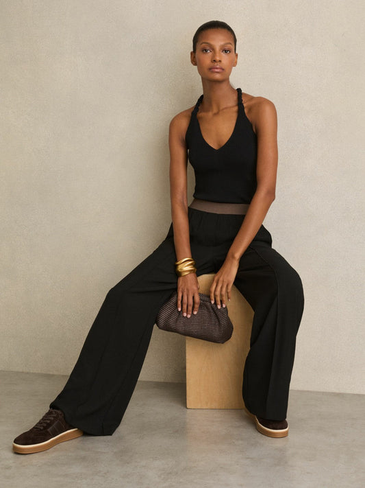 Petite Wide-Leg Elasticated-Waist Trousers Black | Women