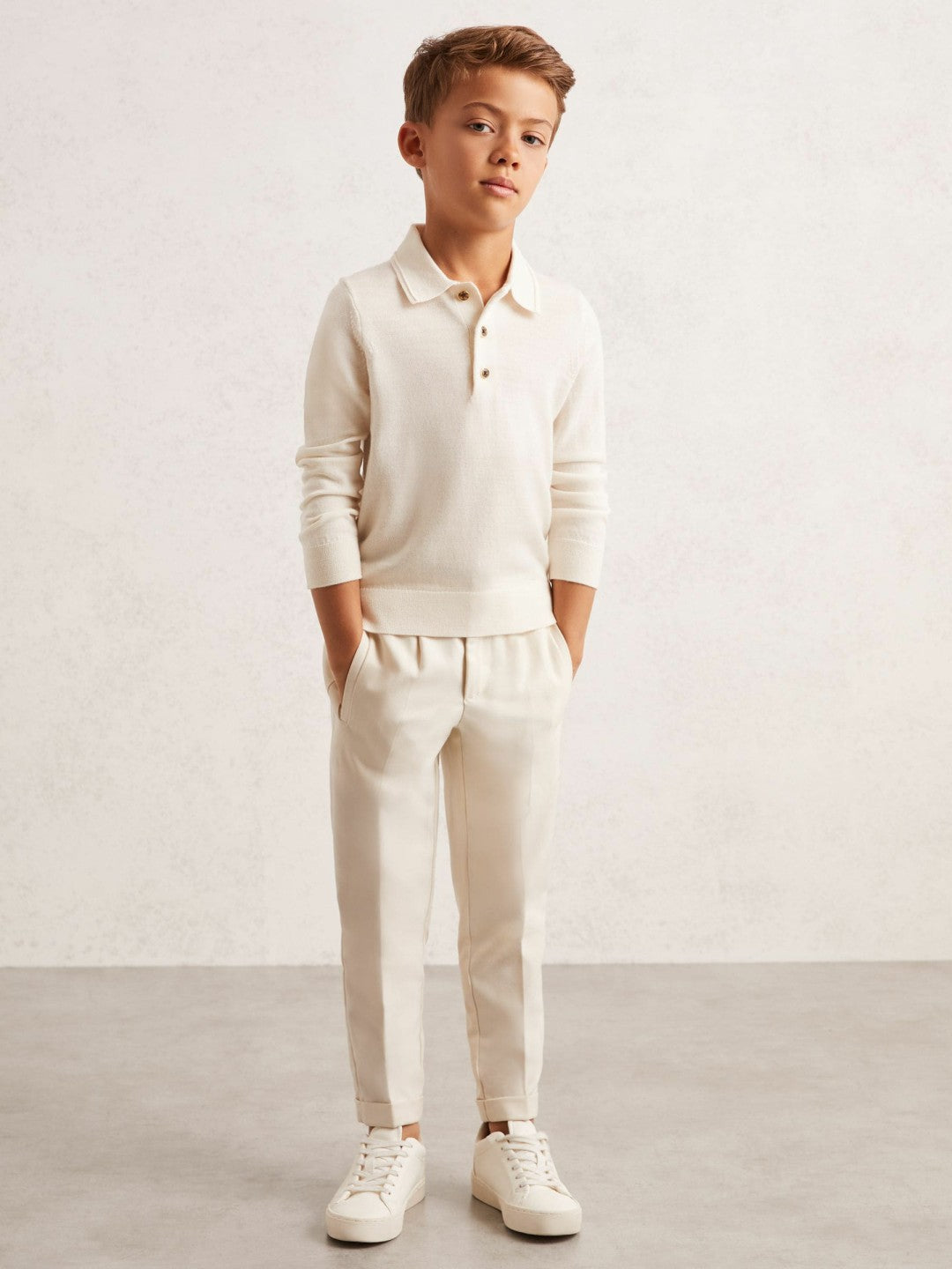 9-13 yrs Merino Wool Long-Sleeve Polo Shirt Snow | Children & Baby