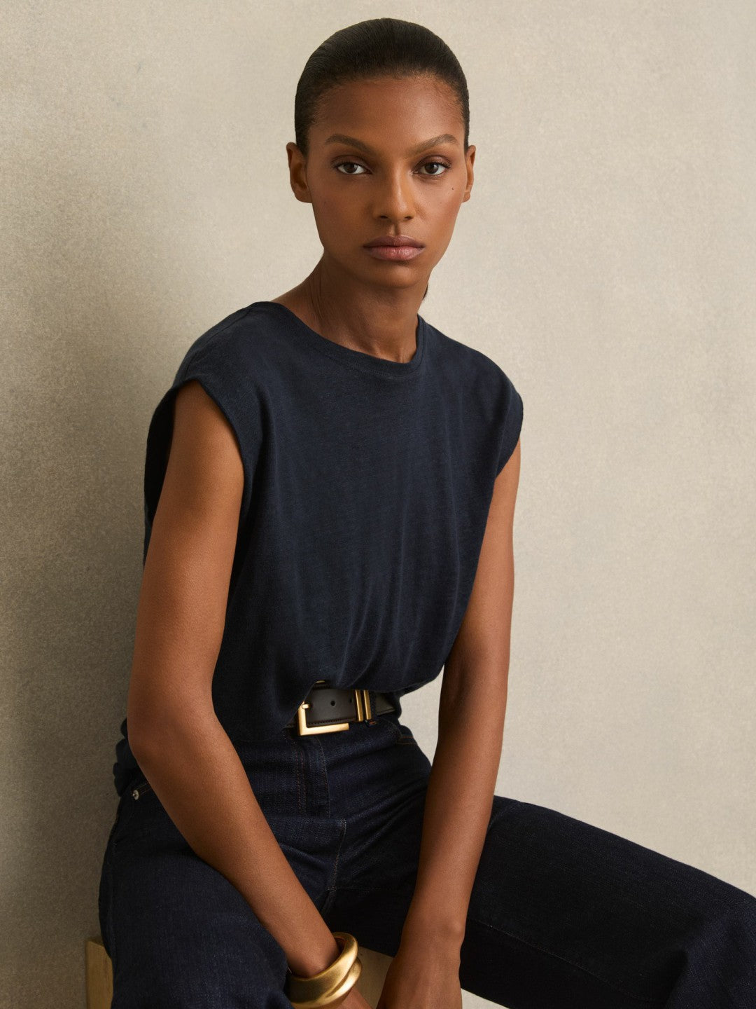 Linen Cap-Sleeve T-Shirt Navy | Women