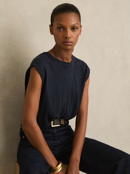 Linen Cap-Sleeve T-Shirt Navy | Women