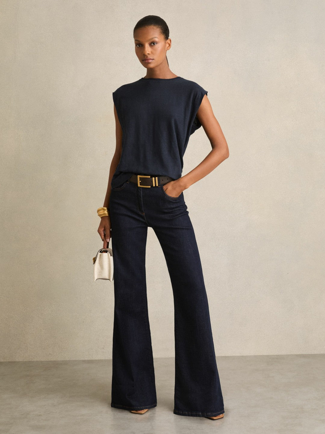 Linen Cap-Sleeve T-Shirt Navy | Women