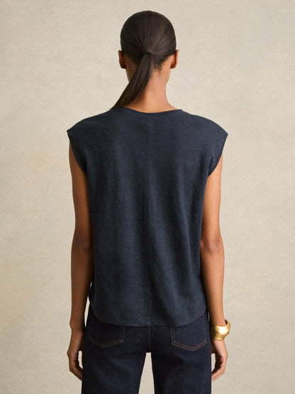 Linen Cap-Sleeve T-Shirt Navy | Women