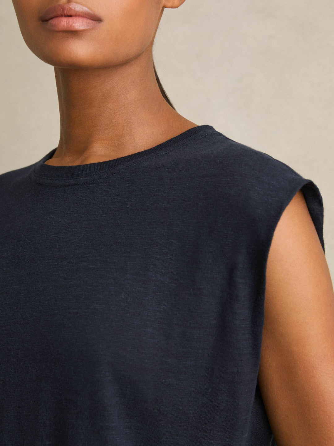 Linen Cap-Sleeve T-Shirt Navy | Women