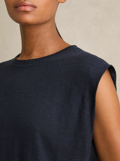 Linen Cap-Sleeve T-Shirt Navy | Women