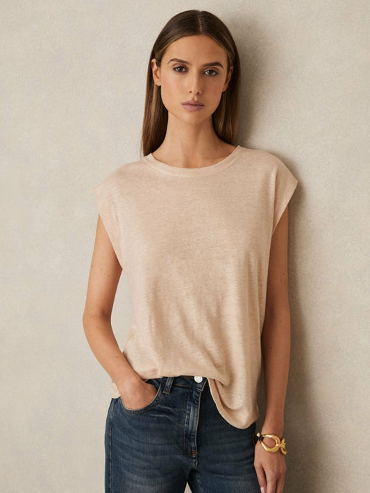 Linen Cap-Sleeve T-Shirt Peach | Women