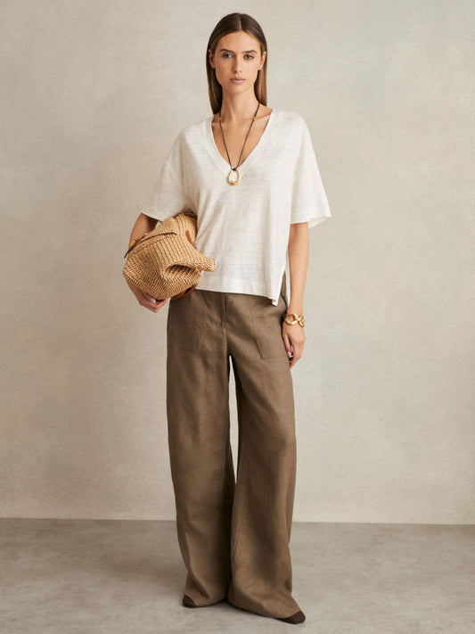 Linen V-Neck T-Shirt White | Women