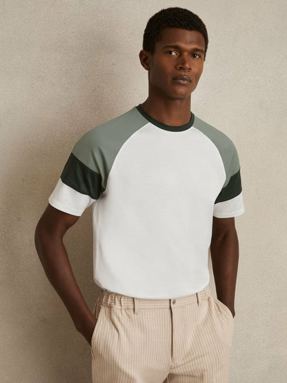 Mercerised-Cotton Colourblock T-Shirt White/Sage | Men