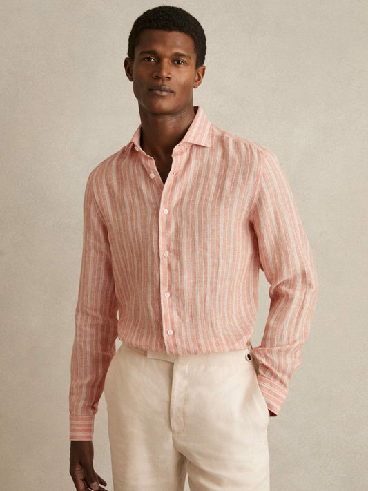 Linen Striped Long Sleeve Shirt Pink Rose/White Bengal Stripe | Men