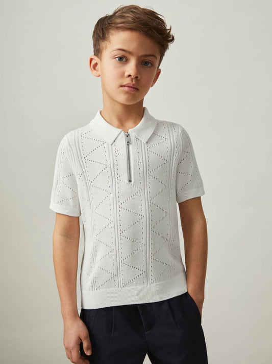 9-13 yrs Half-Zip Pointelle Polo Shirt Off White | Children & Baby